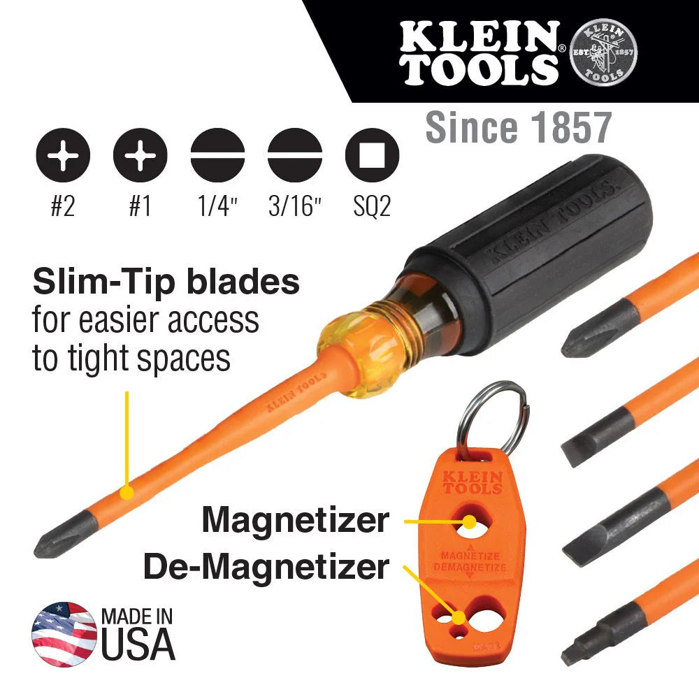 Klein Tools 85076INS Insulated Screwdriver Set features 1000V Electricial Screwdrivers, (3) Phillips and (2) Slotted and Square Tips, 6-Piece
