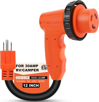 30a -15a RV Adapter Plug with Locking Connector - NEMA 5-15P to NEMA L5-30R Electrical Power Adapter - Upgraded Grip Handle - ETL Listed