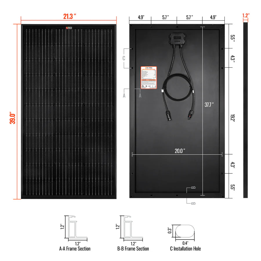 MEGA 100 ONYX | 100 Watt Solar Panel | Premier 12V Off-Grid Solar Panel for Vans, Campers, Boats | 25-Year Output Warranty | UL Certified
