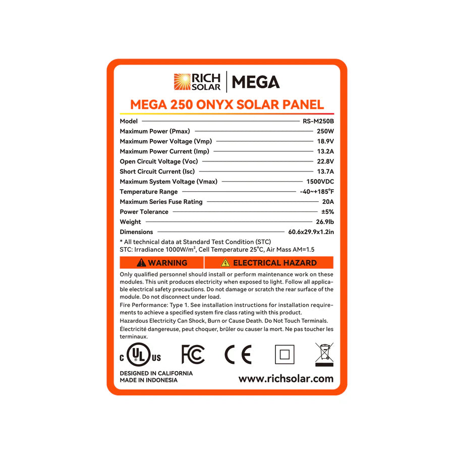MEGA 250 ONYX | 250 Watt Solar Panel | Premier 12V Off-Grid Solar Panel for RVs, Vans, Boats | 25-Year Output Warranty | UL Certified (Copy)