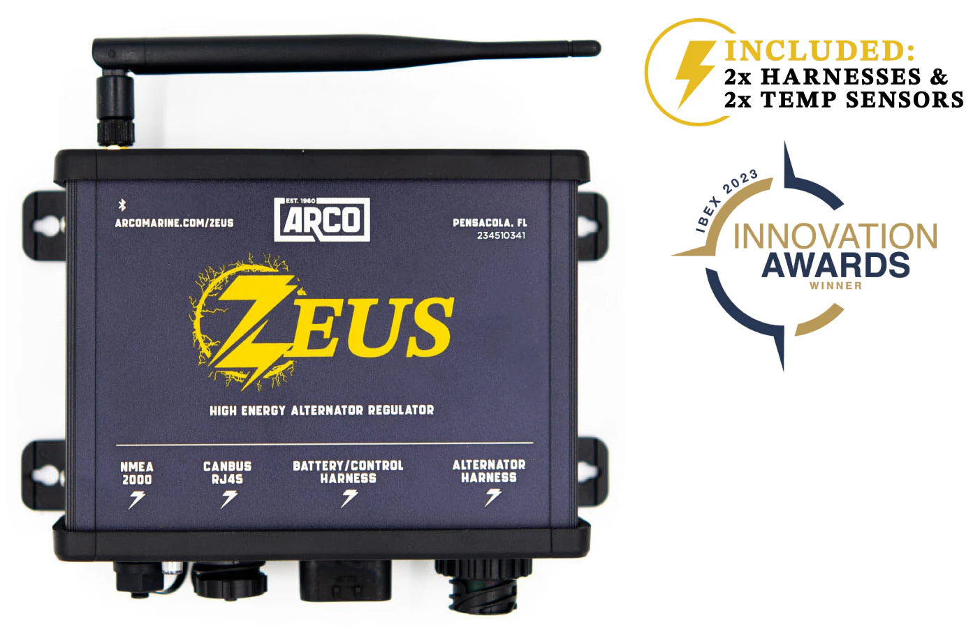 ARCO Zeus Bluetooth Alternator Regulator - Extended Package  (Includes 2x 15ft thermistors, 1x 30ft battery harness, 1x 15ft alternator harness)