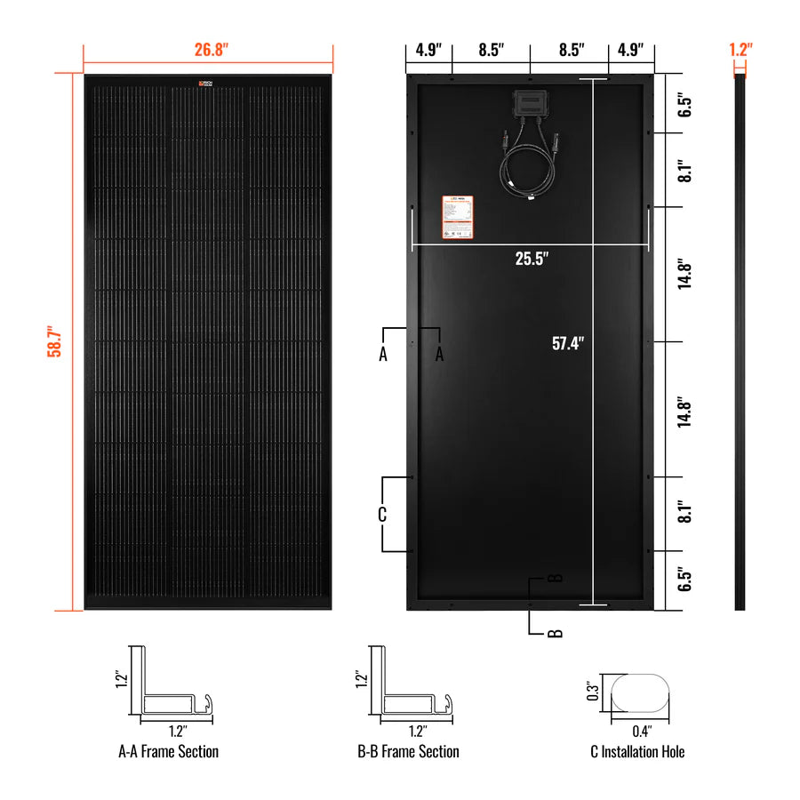 MEGA 200 ONYX | 200 Watt Solar Panel | Premier 12V Off-Grid Solar Panel for RVs Cabins, Boats | 25-Year Output Warranty | UL Certified