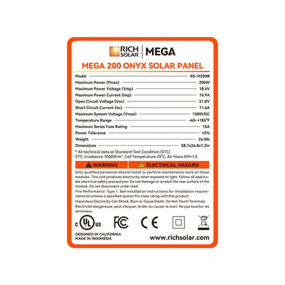 MEGA 200 ONYX | 200 Watt Solar Panel | Premier 12V Off-Grid Solar Panel for RVs Cabins, Boats | 25-Year Output Warranty | UL Certified