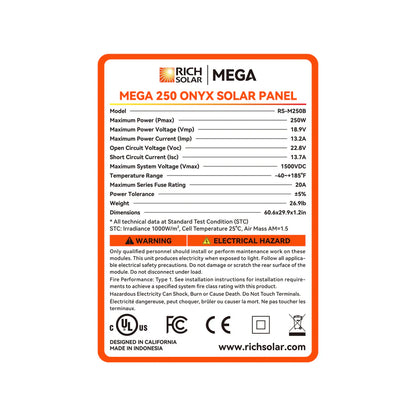 MEGA 250 ONYX | 250 Watt Solar Panel | Premier 12V Off-Grid Solar Panel for RVs, Vans, Boats | 25-Year Output Warranty | UL Certified (Copy)